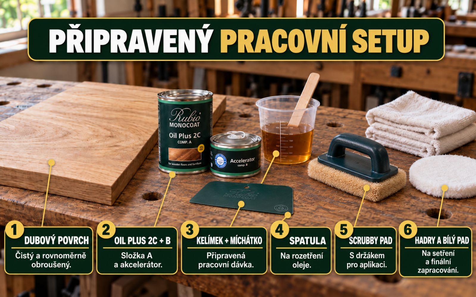 Připravený pracovní setup při aplikaci Rubio Oil Plus 2C